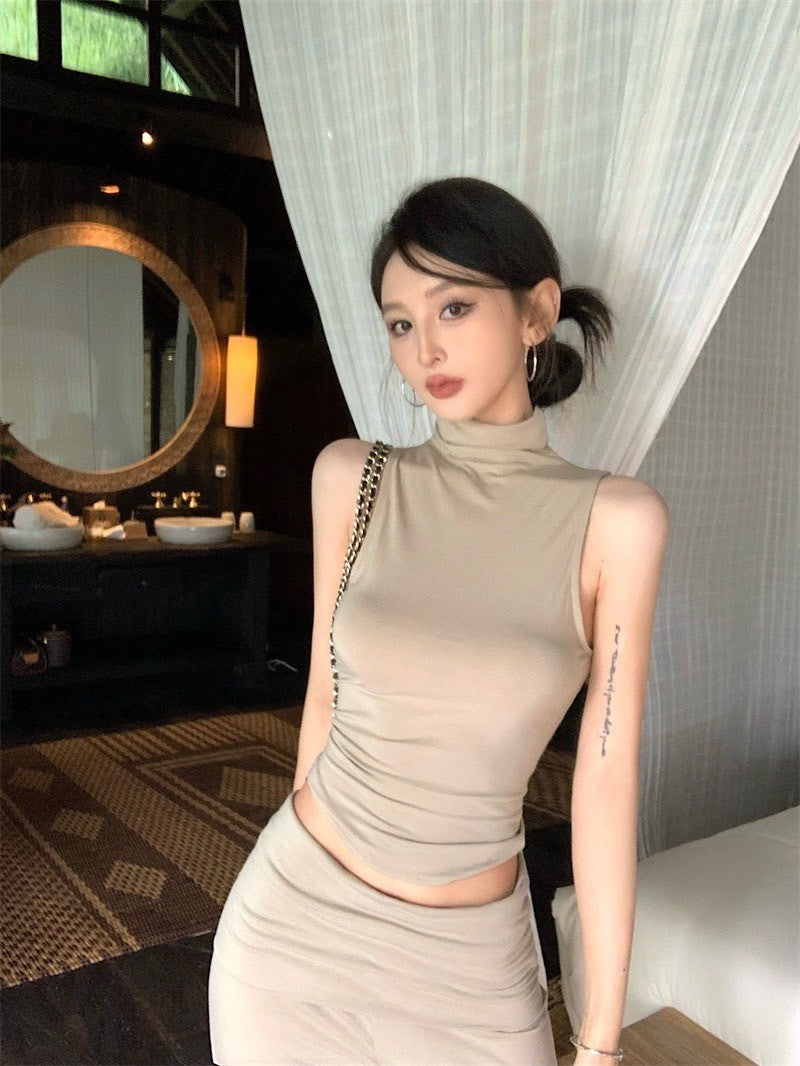Apr. 簡約氣質 高領修身彈力背心 高腰落地褲套裝 杏