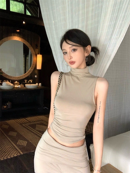 Apr. 簡約氣質 高領修身彈力背心 高腰落地褲套裝 杏