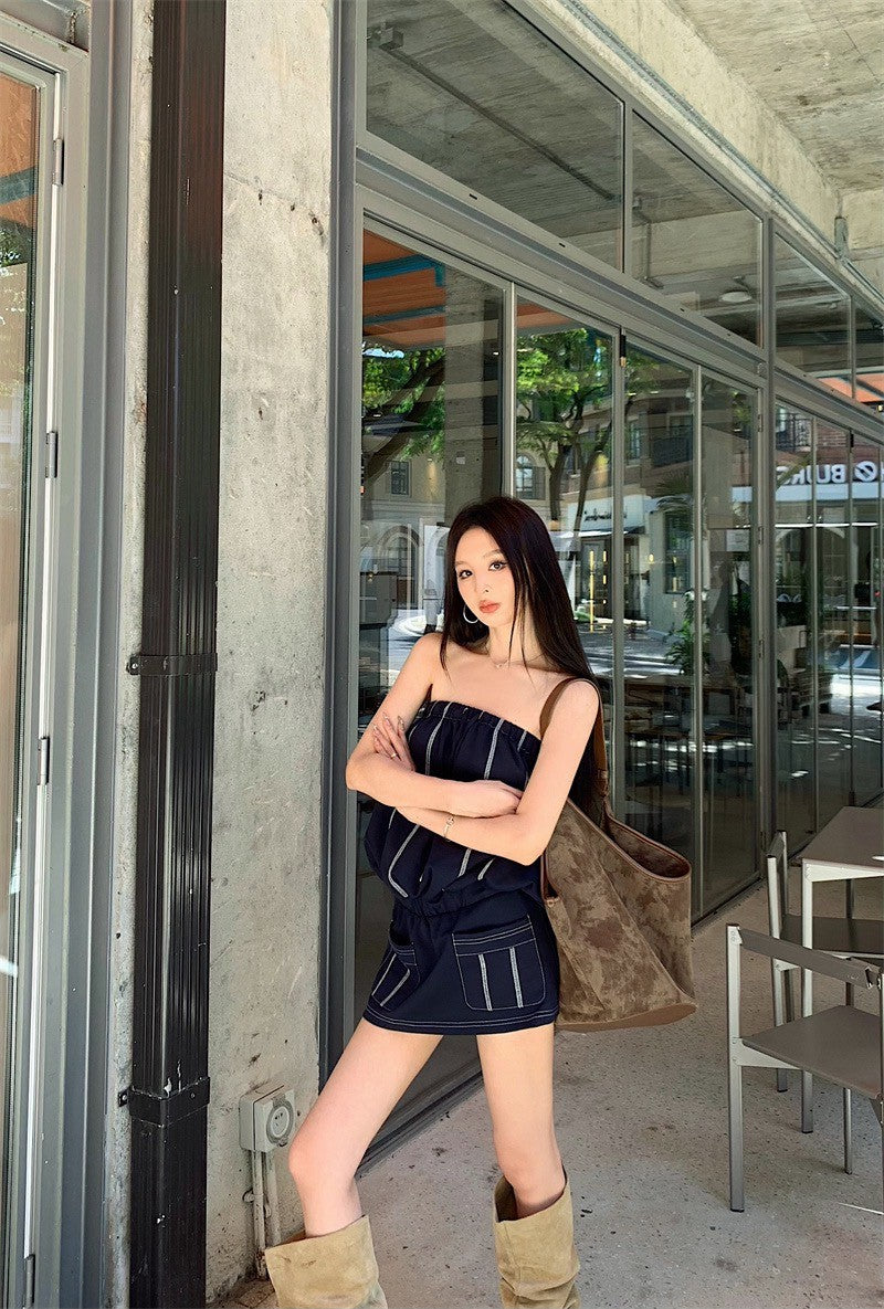 25Aug. 女團人物鬆緊撞色抹胸收腰連身裙 藍