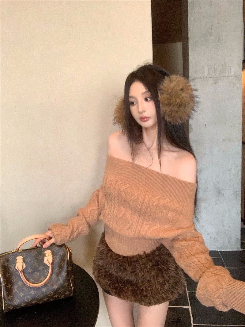 26Jan.精緻姐姐兩穿高彈麻花針織上衣 辣妹毛毛褲裙 咖