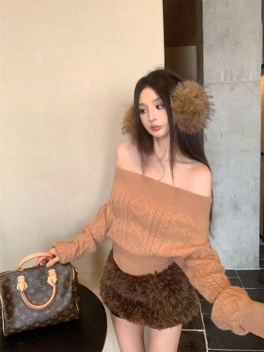 26Jan.精緻姐姐兩穿高彈麻花針織上衣 辣妹毛毛褲裙 咖