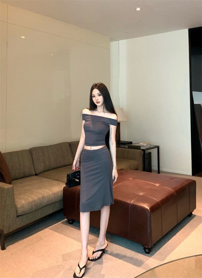 25Sep. 輕熟御姐一字領七分裙套裝 灰