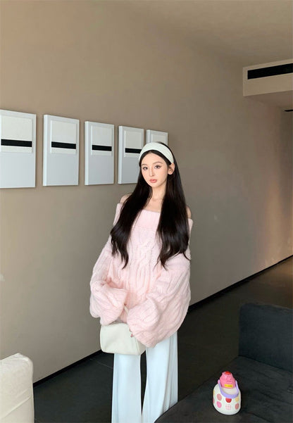 25Dec. Romantic慵懶純慾vibe一字領麻花針織上衣 粉/灰