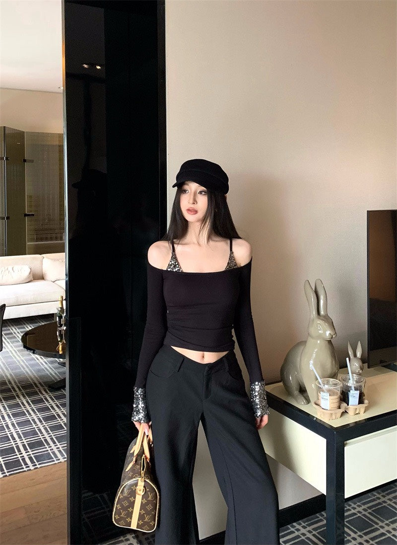 25Nov. 璀璨奪目假兩件式亮片拼接上衣 黑