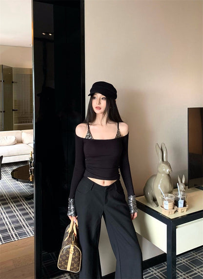 25Nov. 璀璨奪目假兩件式亮片拼接上衣 黑