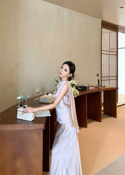 Jun. 羅馬Intellectual新法式緞感飄帶背心半身裙套裝 粉杏