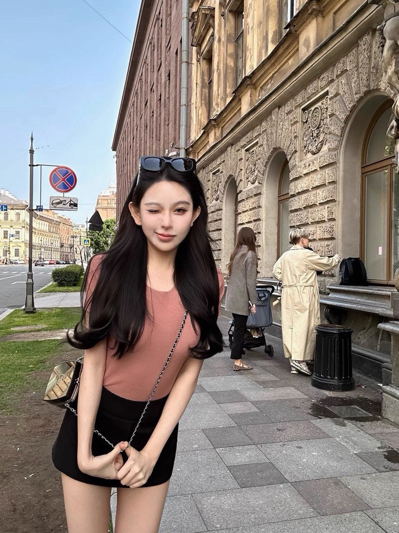 25Aug. arman*俐落圓領正肩針織上衣 豆沙粉/薄荷綠