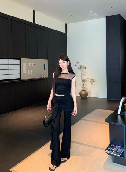 25Aug. 古典視覺網紗拼接上衣綁帶休閒褲套裝 黑色