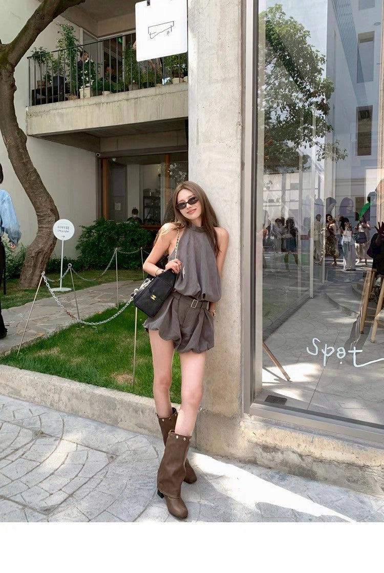 25Jul. 金珍妮同款私服 工裝掛脖花苞背心套裝