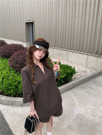 Jun. 街頭素描極簡淡人系列row襯衫上衣 短褲 咖色