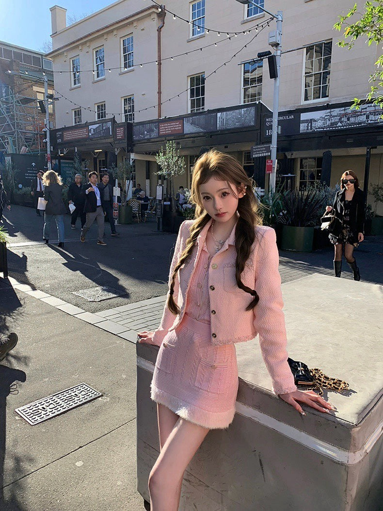 25Nov. 25B粉藍花楹 氣質織紗袖針織半身裙套裝 粉