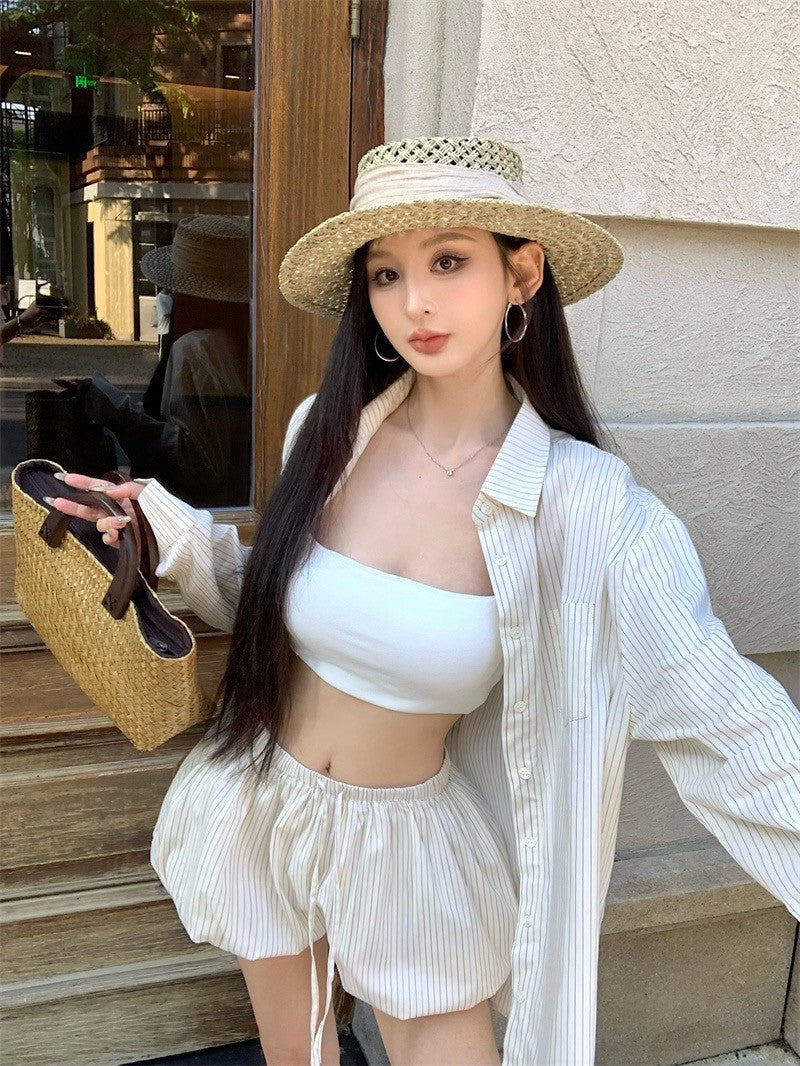 25Aug. 浮島甜心豎條老錢襯衫花苞短褲套裝 杏