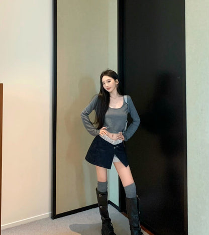 Jun. 可拆式設計款2件套褲裙 簡約U領寬鬆上衣 灰