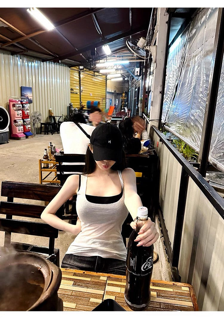 Jun. 出遊神搭 撞色彈力顯瘦兩件式針織背心 粉/白