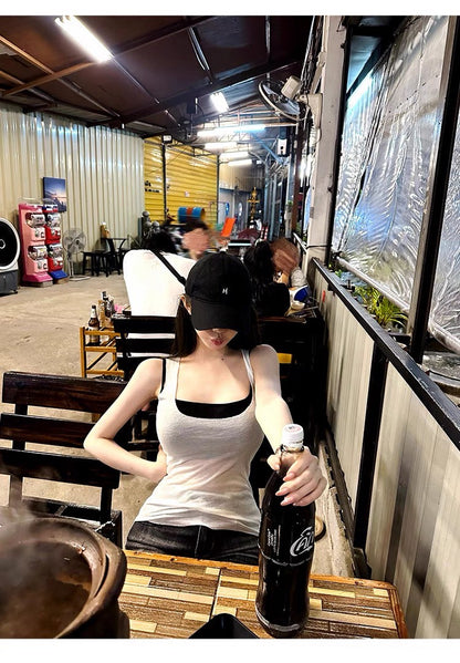 Jun. 出遊神搭 撞色彈力顯瘦兩件式針織背心 粉/白