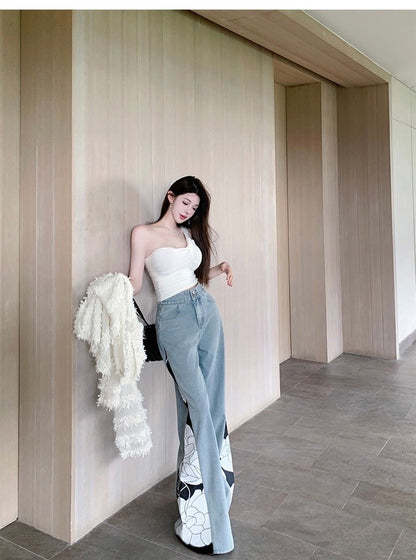 Mar. 有點小心機! 單肩豎坑文針織背心 白