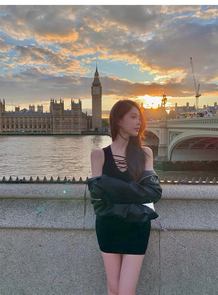 25Oct. 預設性感 綁帶純慾修身針織裙 黃/黑