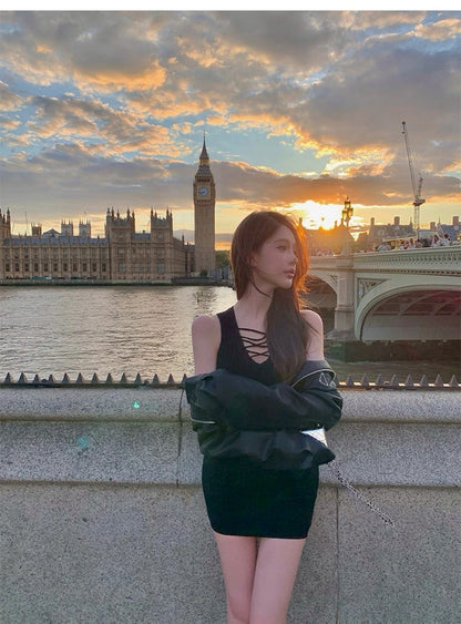 25Oct. 預設性感 綁帶純慾修身針織裙 黃/黑