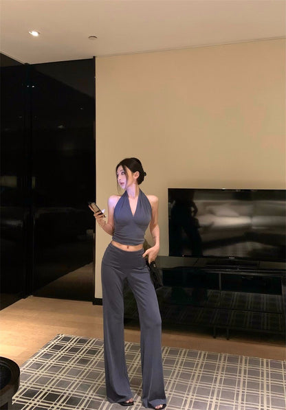 25Jul. 復古辣妹 掛脖V領收腰背心反折休閒褲套裝 藍