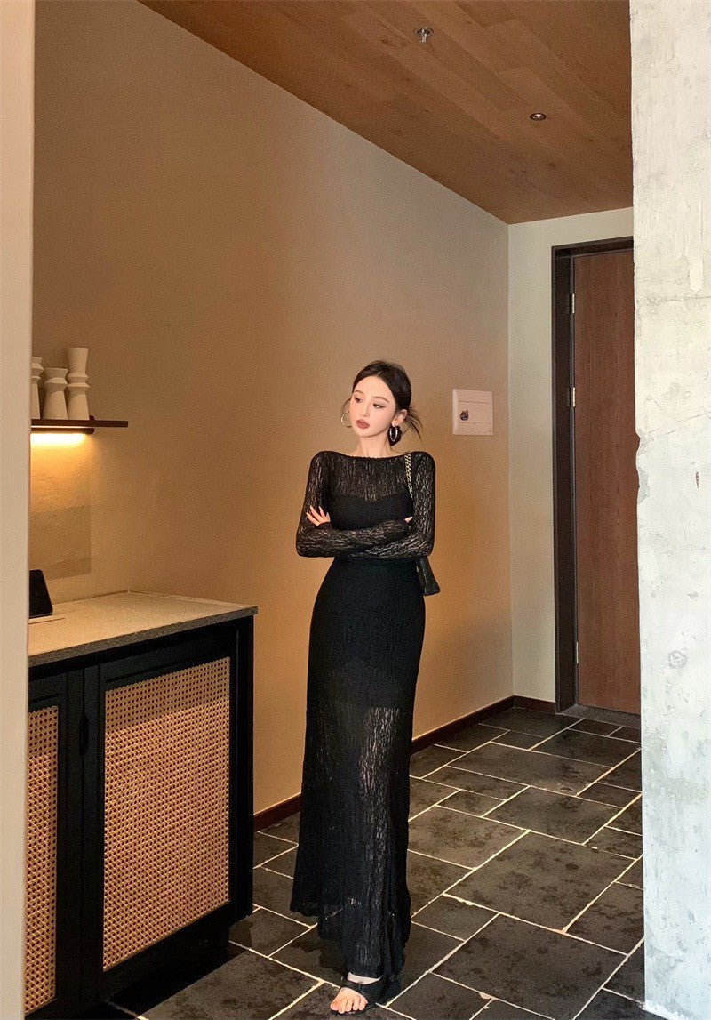 May. Backless dress歐美透視感疊穿連身裙（含內搭）黑