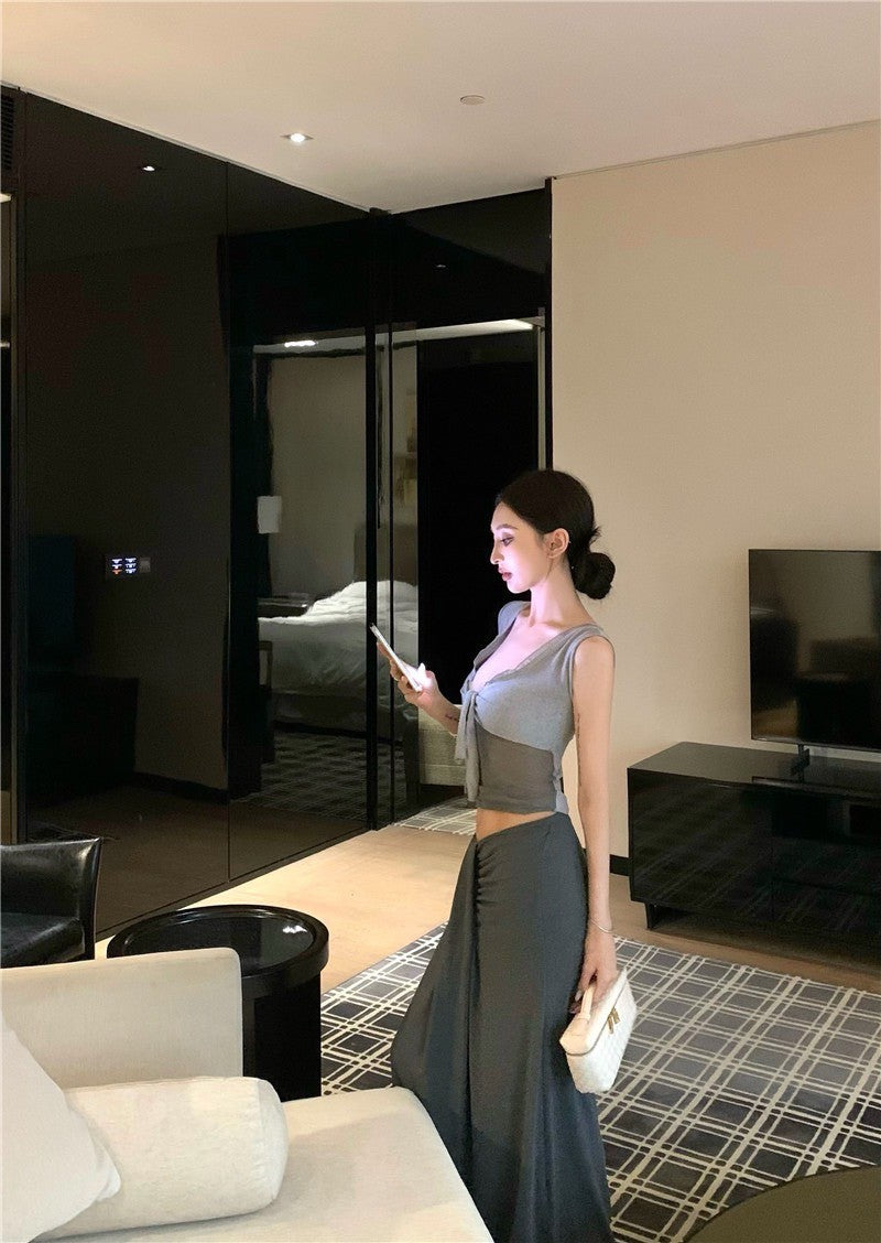 May. 性感毛邊透紗拼接背心 低腰彈力半身裙 灰