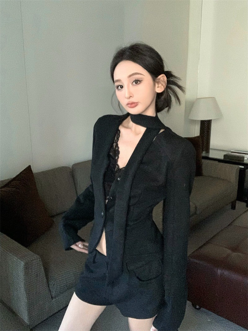 26Jan. 復古收腰西裝飄帶低腰短褲套裝 灰/黑