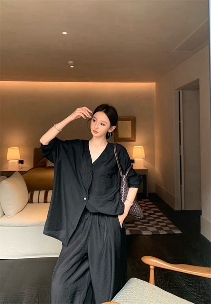 25Jul. 日常通勤穿 夏日簡約襯衫闊腿褲套裝 杏/黑