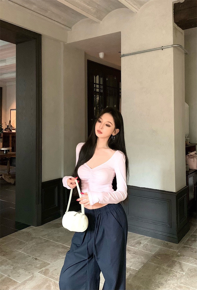 25Nov. 修身V領褶皺顯瘦長袖上衣 灰/米/粉