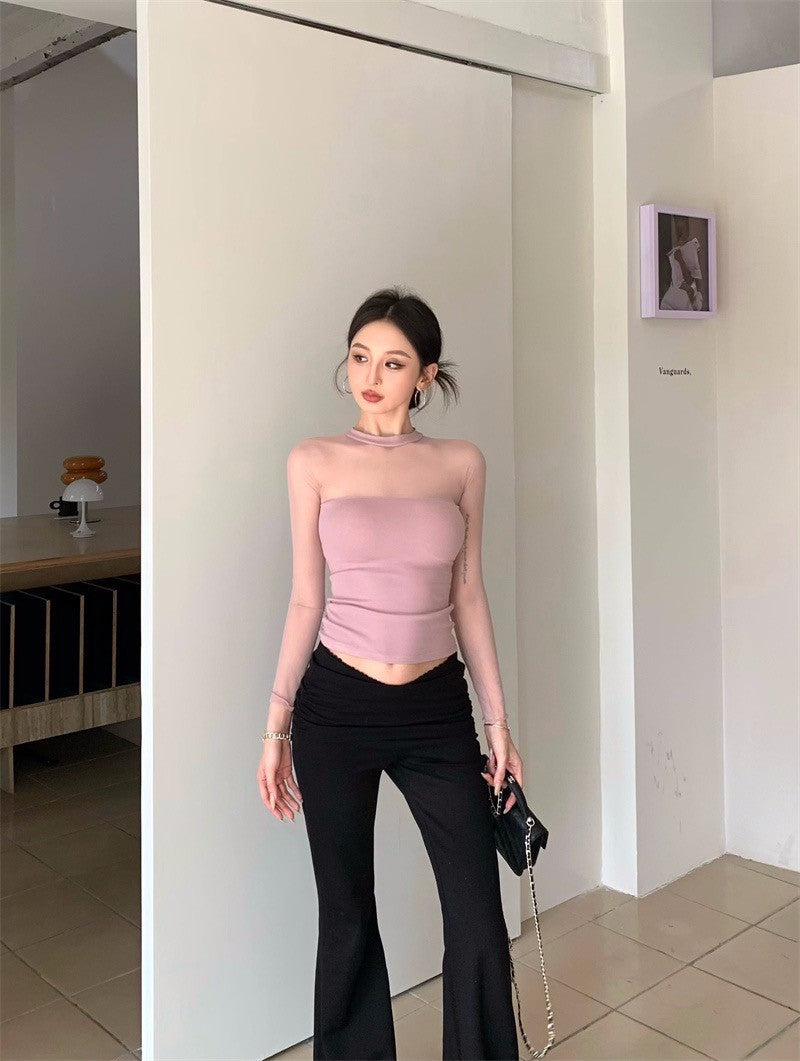 Jun. 辣妹網紗拼接透視緊身上衣 粉/藍