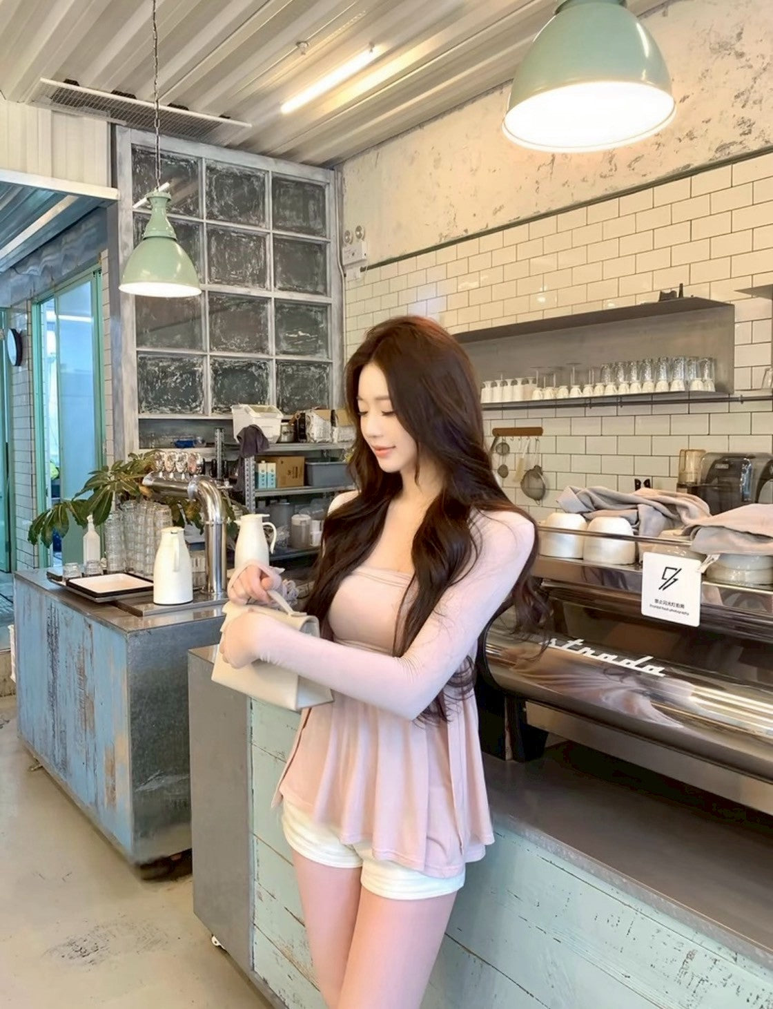 May. 溫柔韓系 加胸墊抹胸上衣外套2件套 米/粉