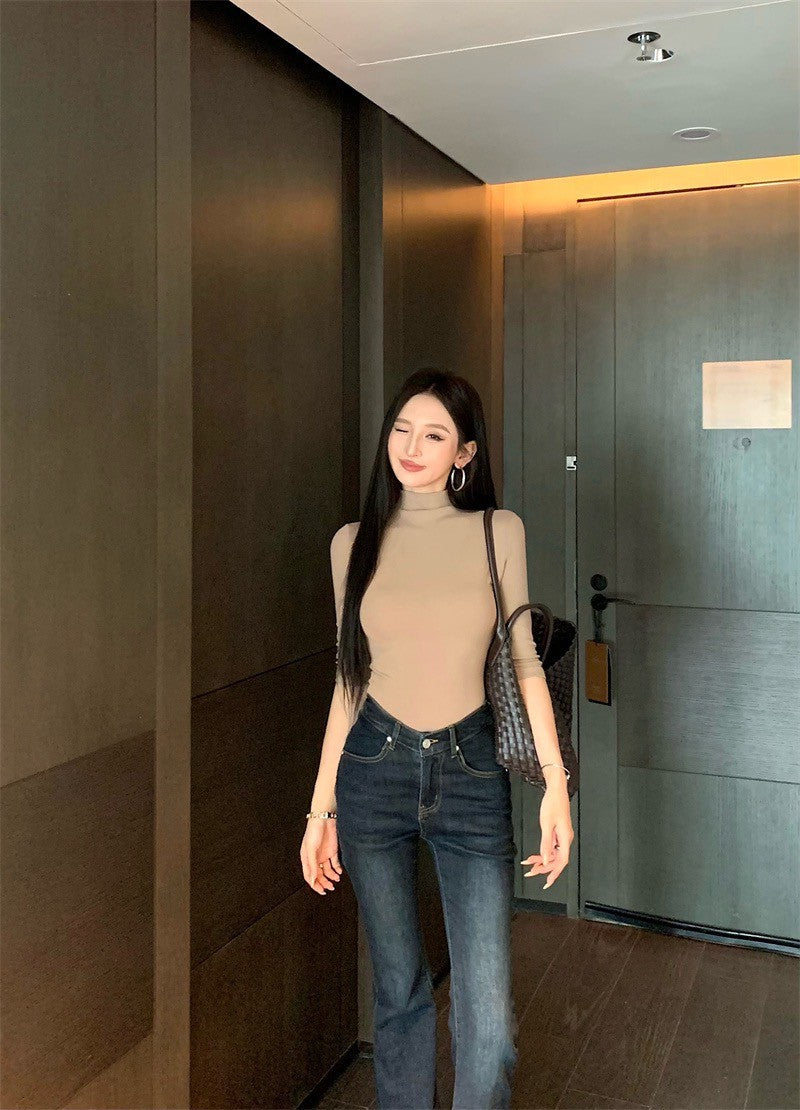 Jun. 穿不膩簡約高領五分袖彈力上衣 灰/卡 顯瘦喇叭褲