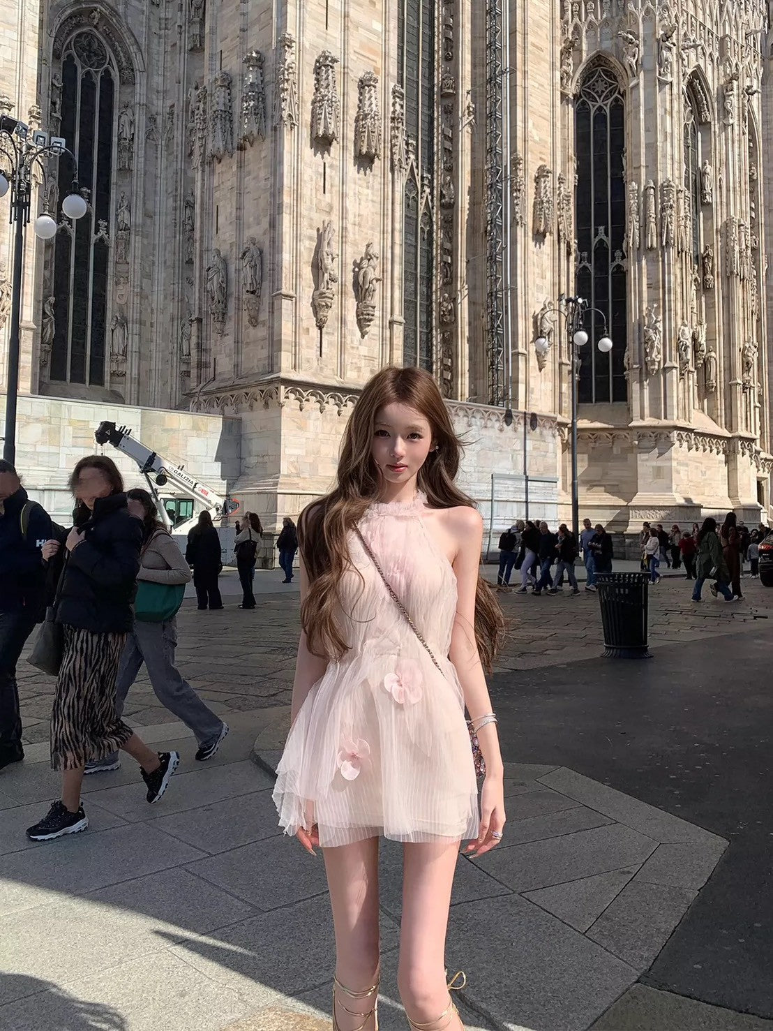 26May. 古典Rome女神壓褶花束立體感圓領連身裙 白杏/粉花