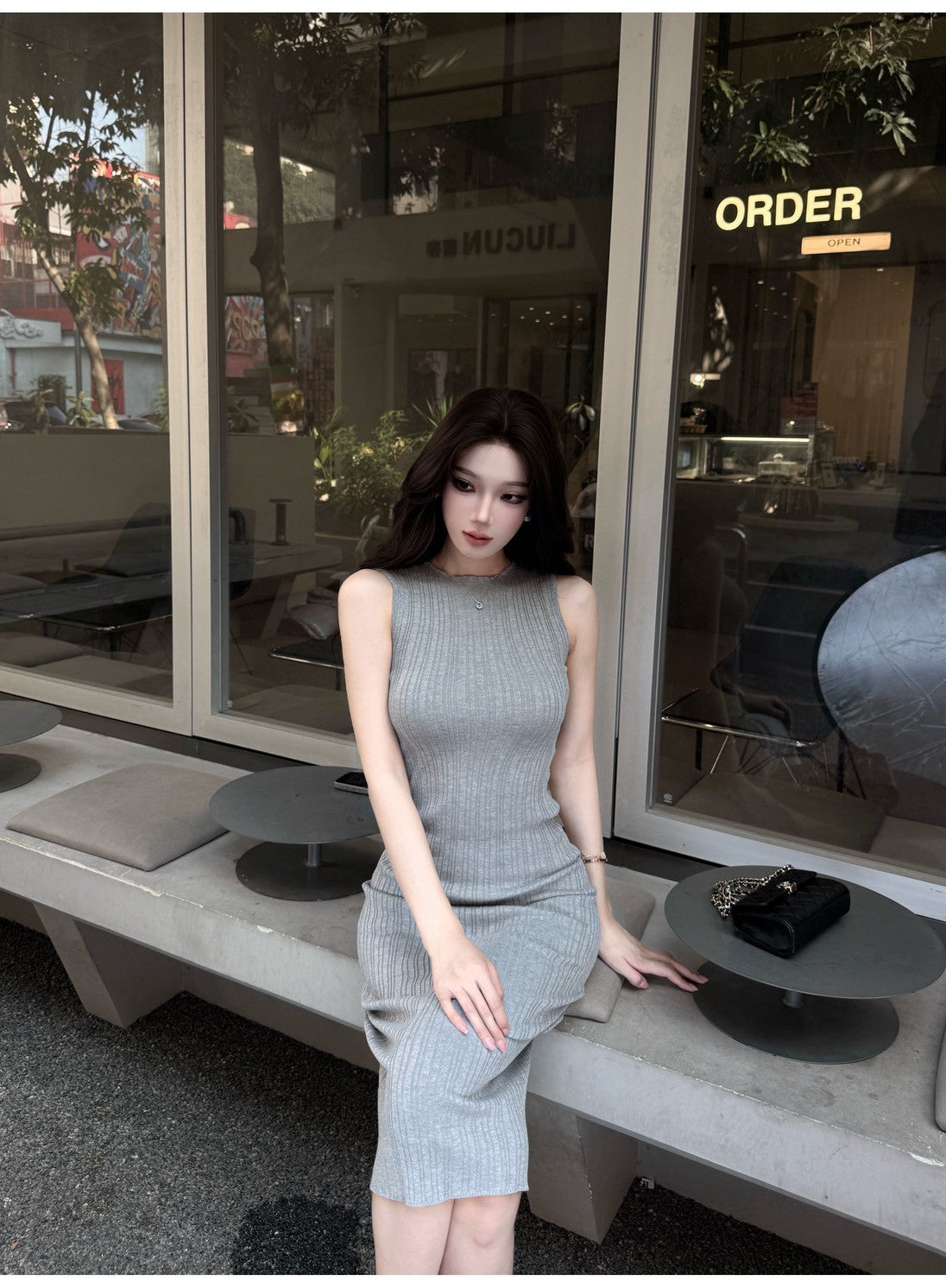 26May. 氣質美人 紋理針織半高領無袖開衩裙 杏/灰/藏藍