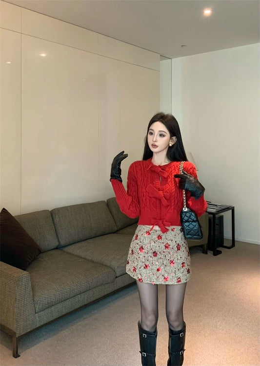 Feb. 一起過節 氛圍感重工蝴蝶結針織上衣 麻編亮片半身裙 紅