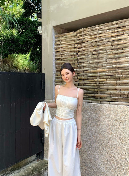 25Nov. 法式純欲感褶皺背心開衫2件組 休閒闊腿褲 米白色系