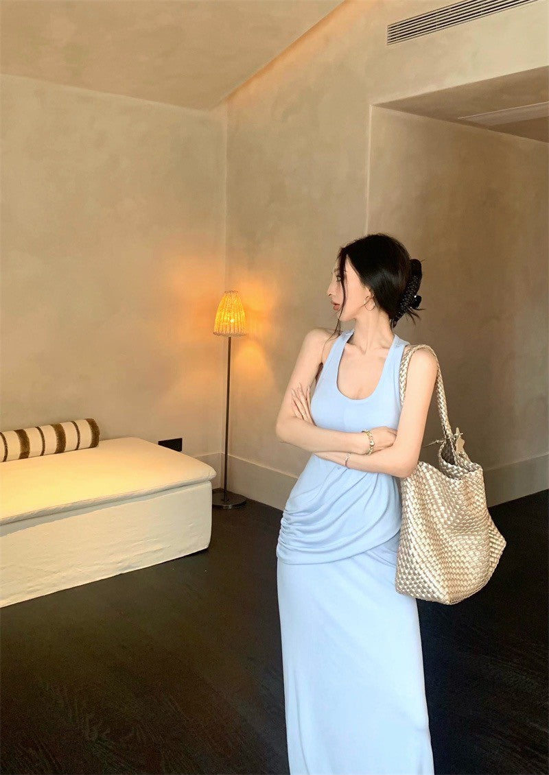 May. 法式優雅不費力 時髦側抓皺連身裙 淺藍