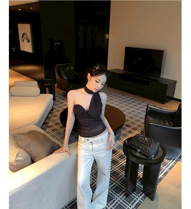 25Aug. 疊影織夢帶胸墊繞頸波點背心 黑