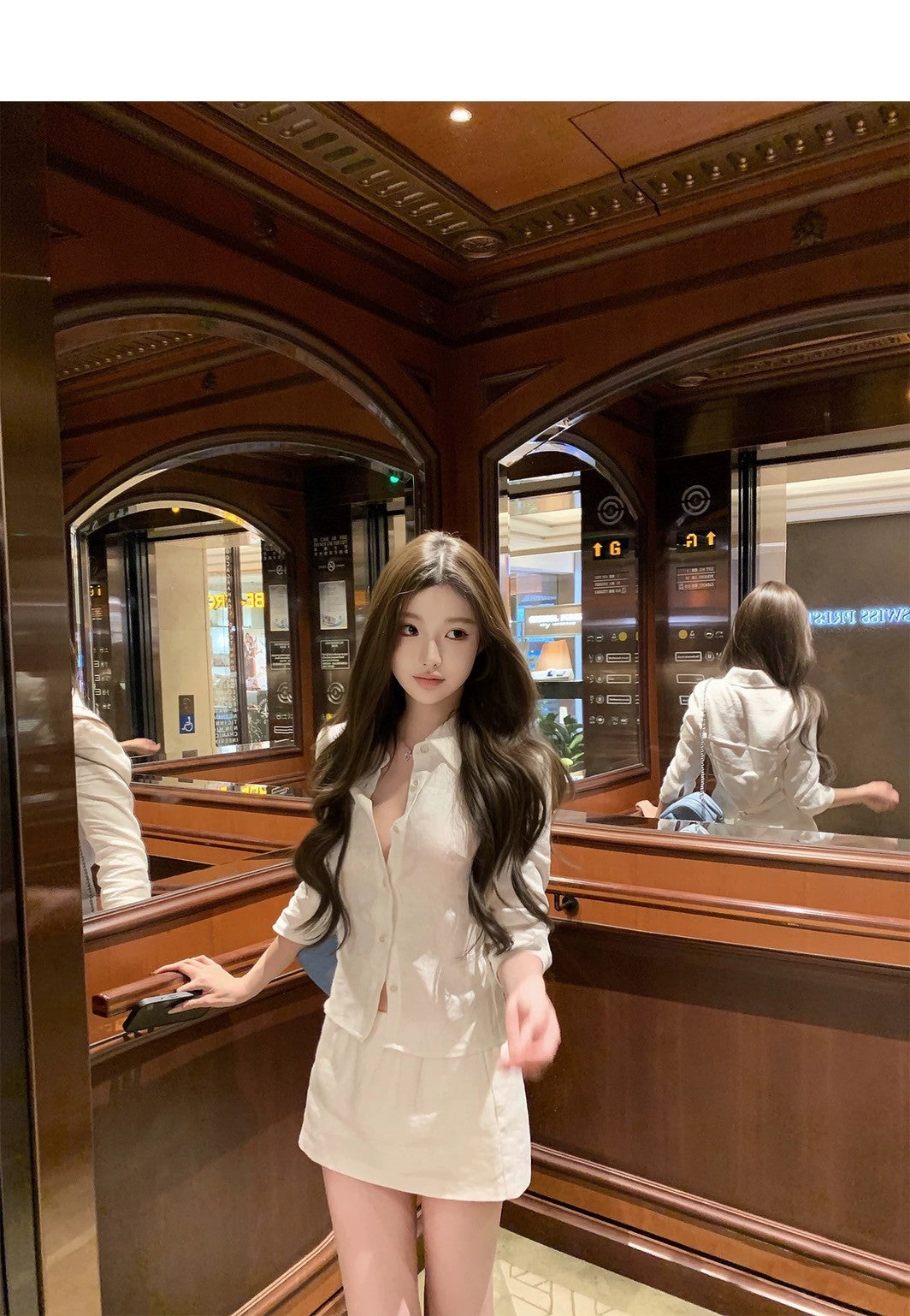 25Aug. 亞麻物語簡約七分袖襯衫低腰褲裙套裝 白色