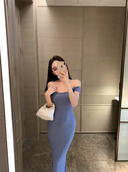 Mar. 簡約氣質 歐美一字肩彈力連身長裙 藍