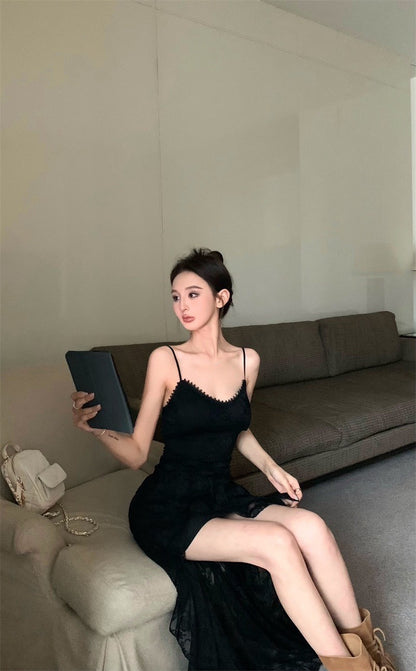 Mar. 與愛共舞 芭蕾蕾絲不規則蕾絲裙擺連身裙 黑