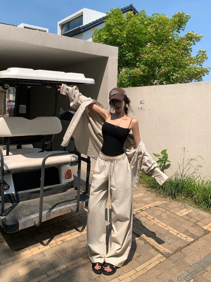 25Aug. 窒息慵懶高級感寬鬆條紋襯衫 抽繩休閒褲