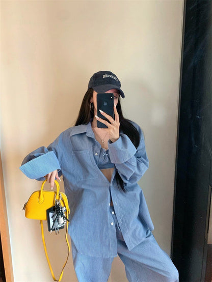 Jun. 慵懶霧透簡約條紋輕氧夏日3件套 藍