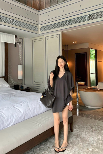 Jun. 在家舒適穿美式寬鬆中長款短袖上衣 灰