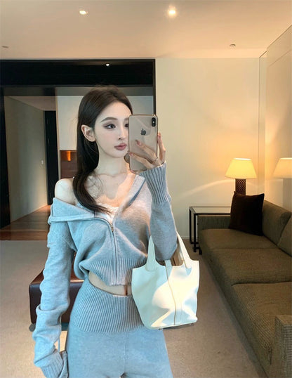 Mar. 飛航模式 基礎純色連帽針織休閒褲套裝 灰