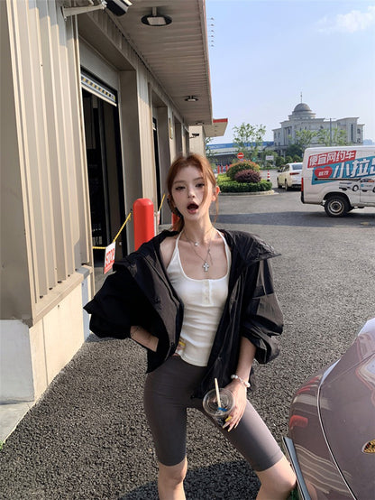 Jun. 美式寬鬆輕薄防曬連帽工裝外套 黑色