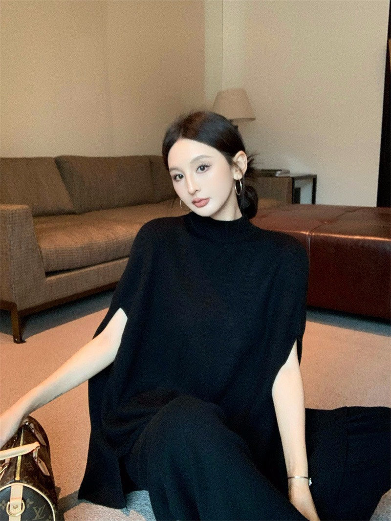 25Nov. 摩登貴婦針織披風袖套休閒褲套裝 白/黑