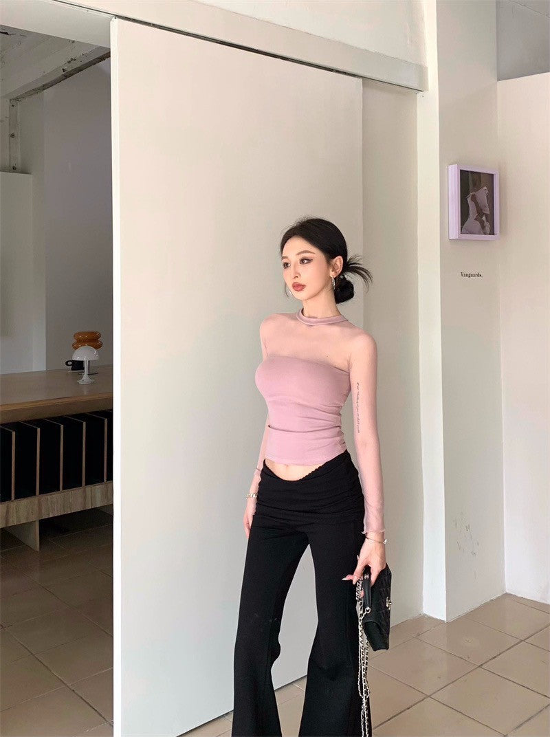 Jun. 辣妹網紗拼接透視緊身上衣 粉/藍