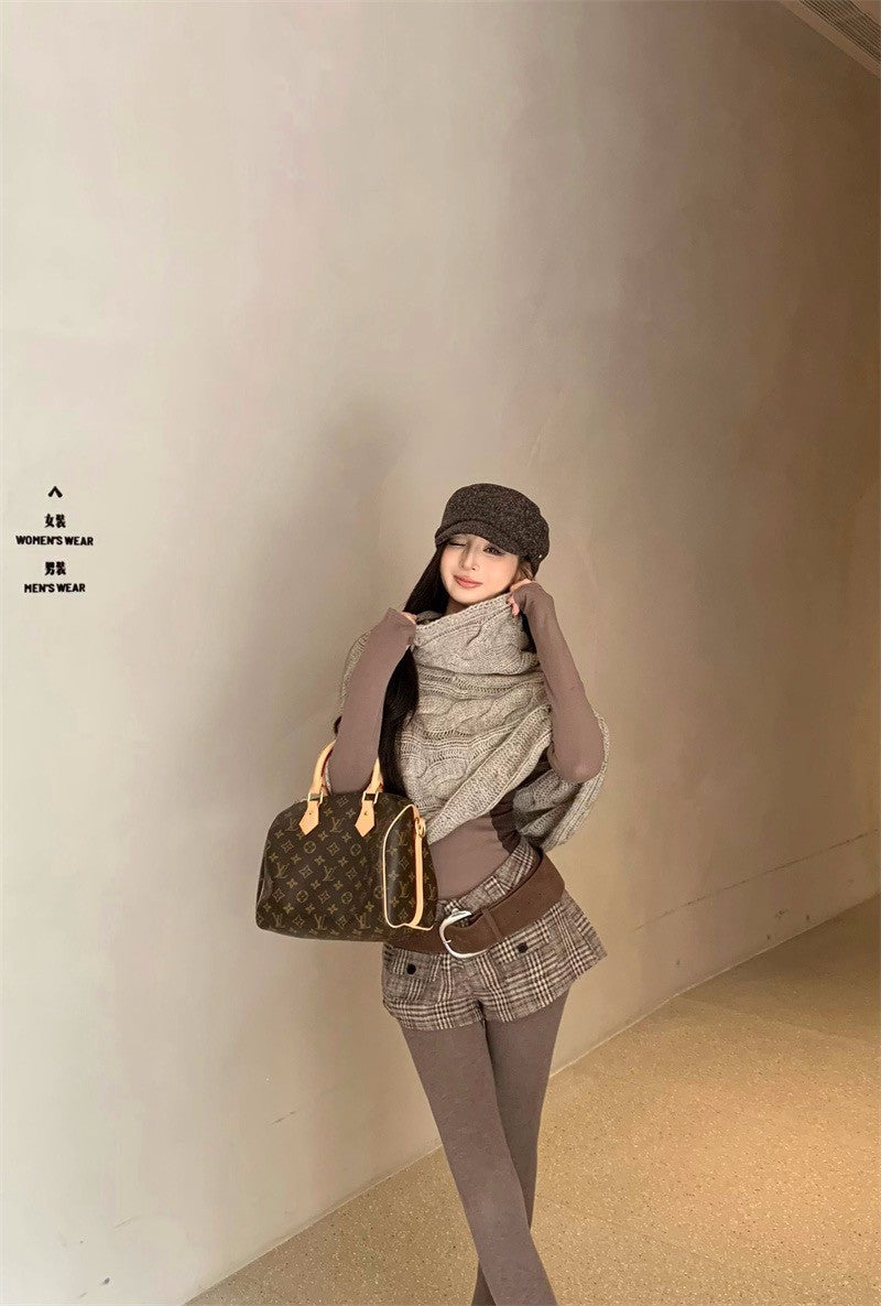 25Dec. 斗篷均碼多用法式花紗針織/英格蘭復古格紋短褲 卡其色系