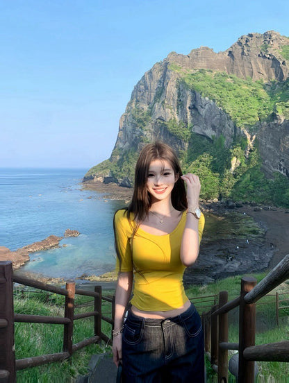 25Aug. 嫩模休閒芭蕾5分袖純色上衣 粉/黃