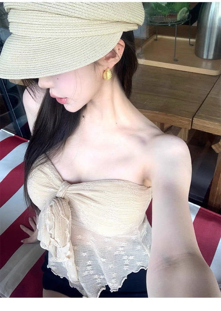 Jun. 性感尤物 杏色蕾絲扭結抹胸上衣